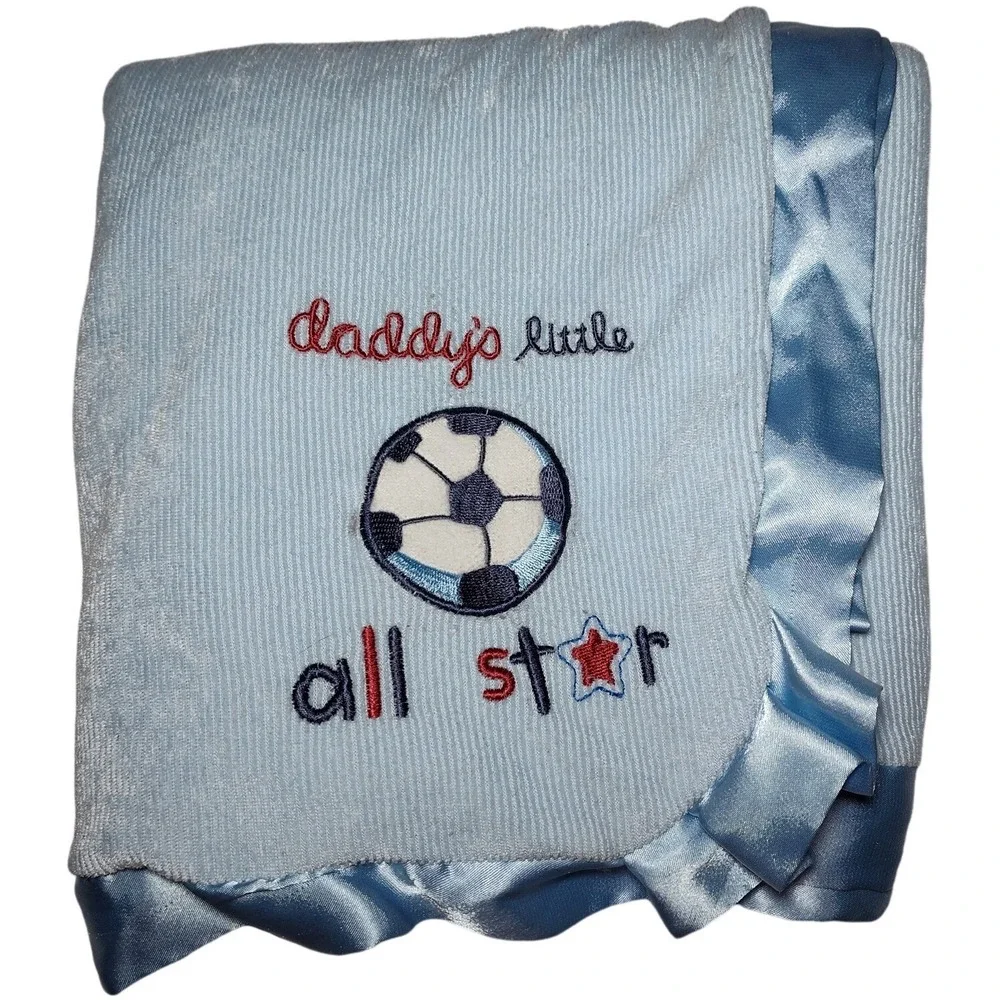 Carter's Blue Daddy's Little All Star Soccer Baby Blanket‎ Satin Trim Vtg